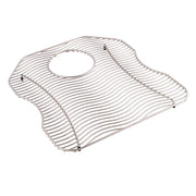 Stainless steel bottom grid with parallel wire construction, center drain opening, and four corner mounting feet.