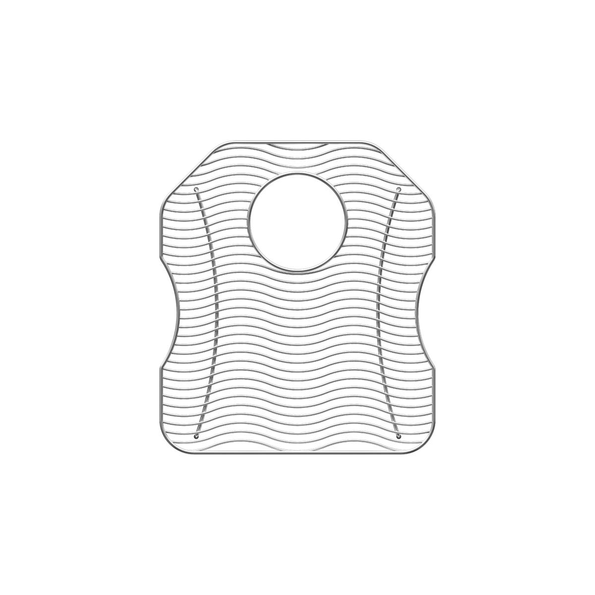 Stainless steel sink grid with wavy wire pattern and center drain opening.