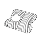 Stainless steel sink bottom grid with parallel wire slats and center drain opening, featuring mounting feet.