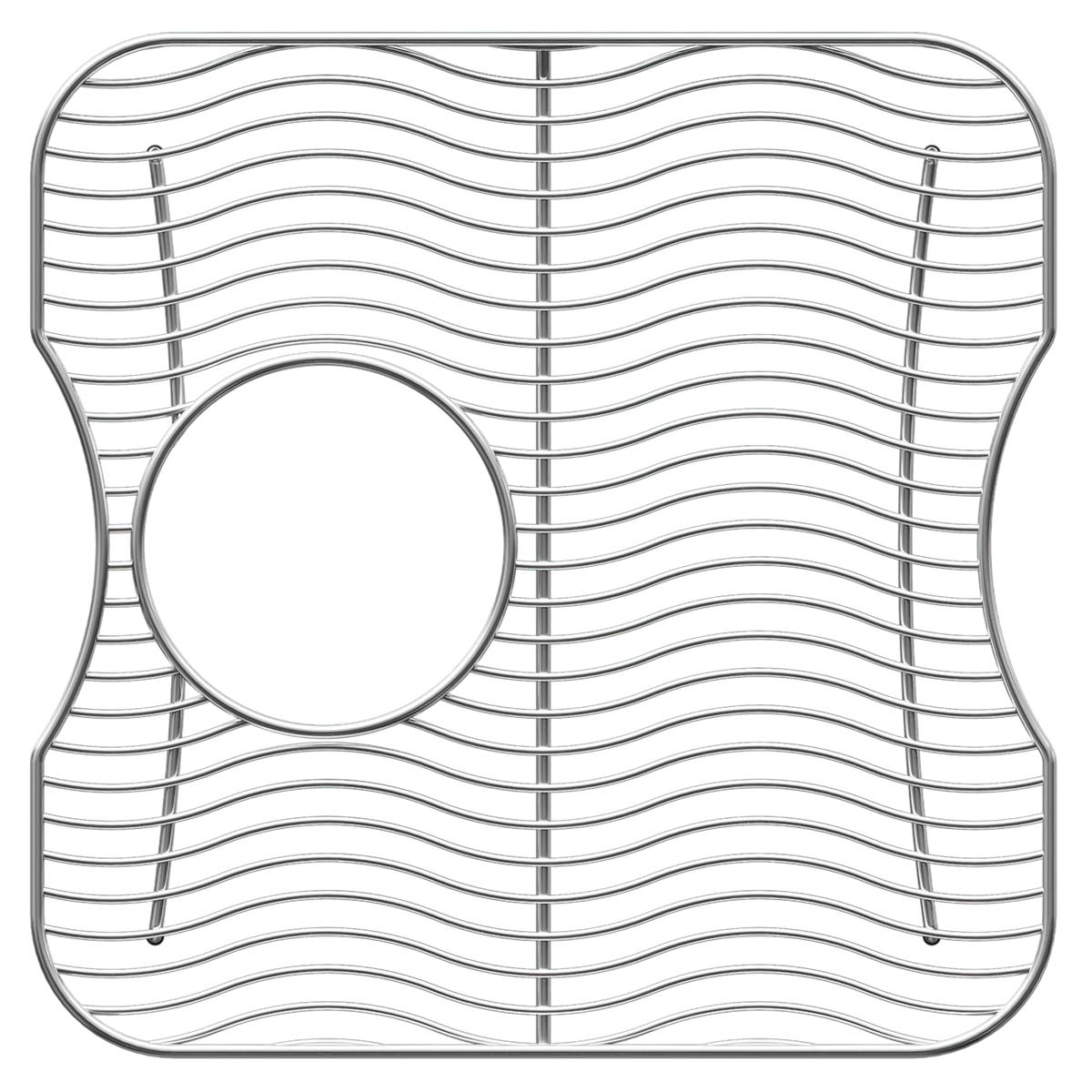 Stainless steel sink grid with wavy wire pattern and circular drain hole cutout.