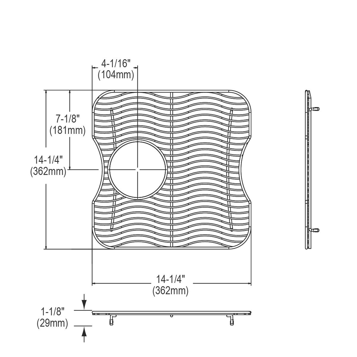 Stainless steel sink bottom grid with wavy pattern, circular center opening, and mounting feet, shown in top and side views w