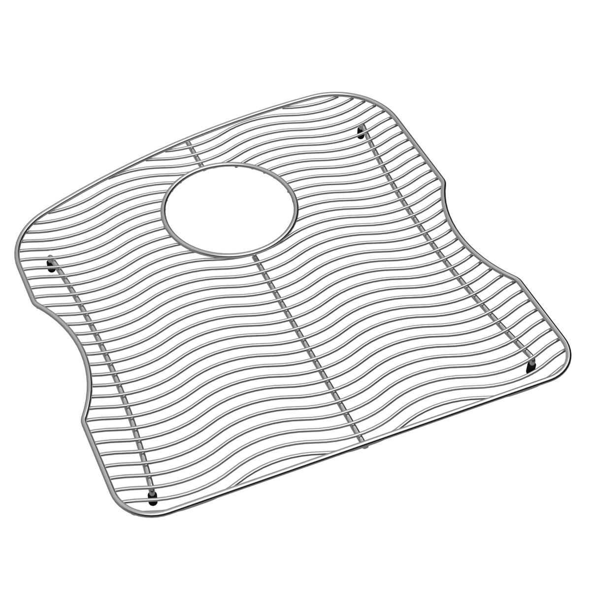 Stainless steel sink grid with parallel wire design and center drain opening, featuring rounded corners and mounting points.
