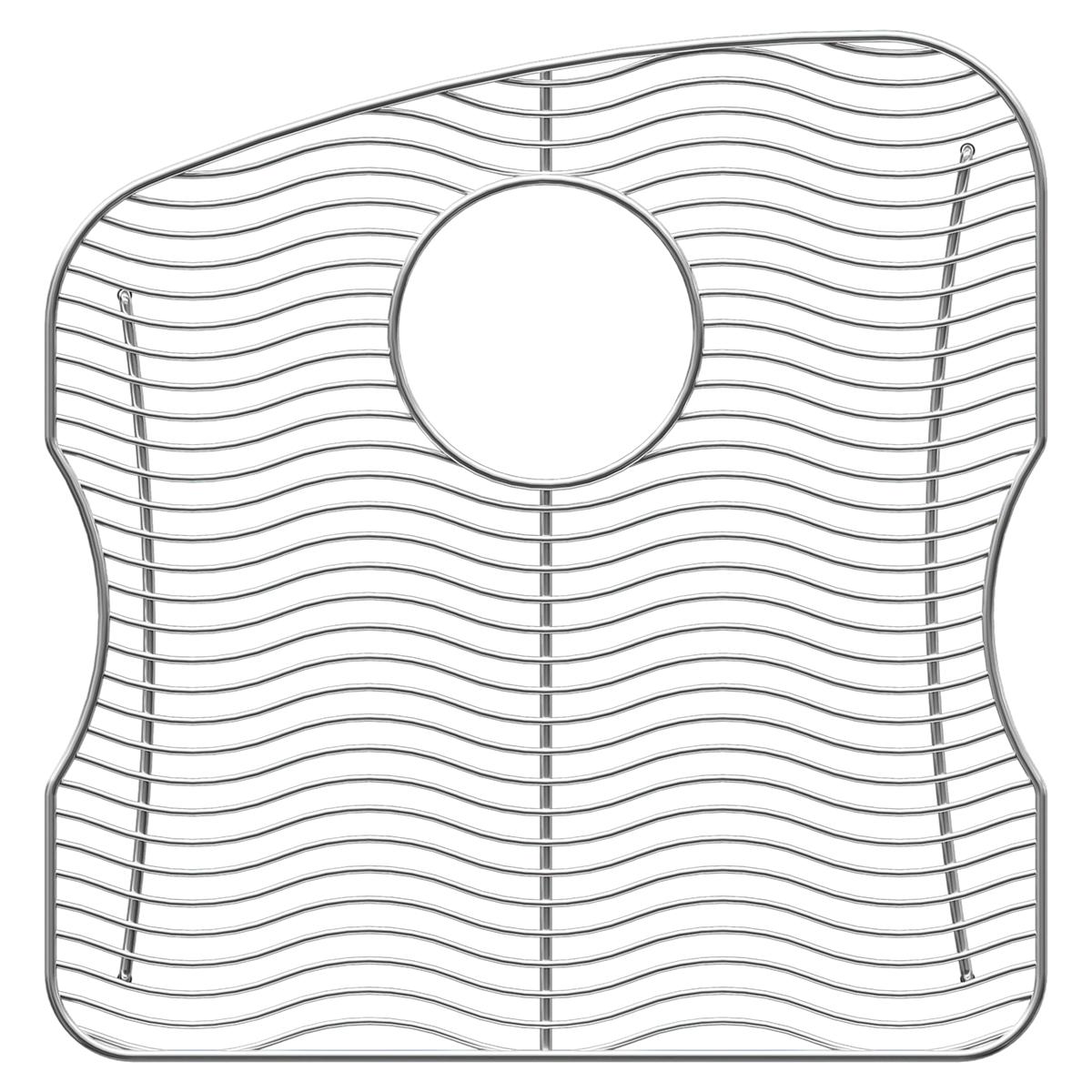 Stainless steel sink grid with wavy wire pattern and circular cutout, viewed from above.