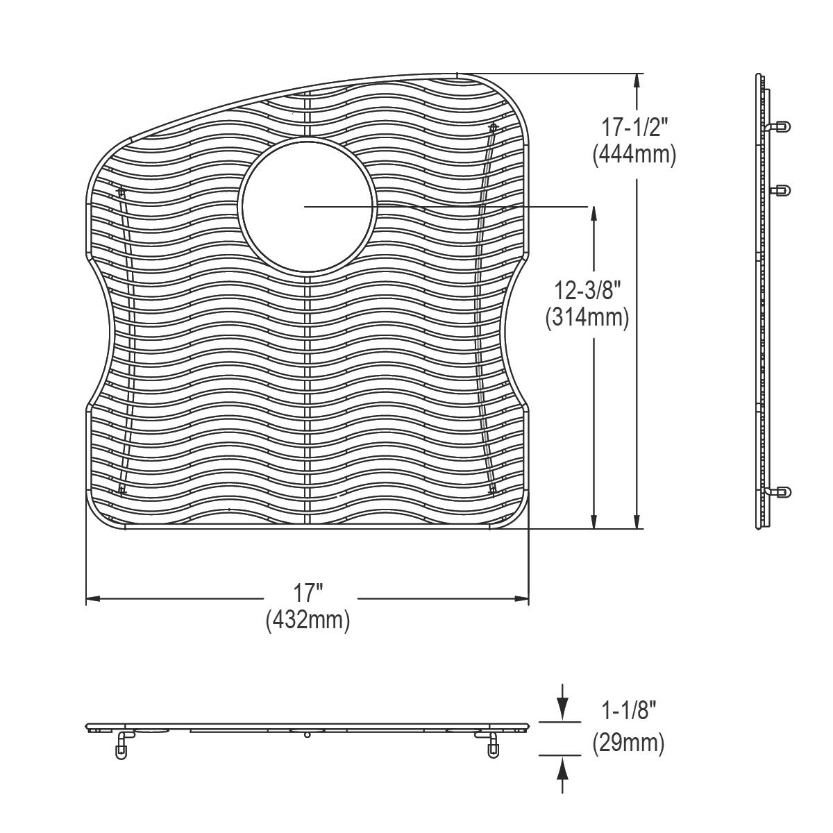 Stainless steel sink grid with wavy parallel lines pattern and circular center opening, shown from top, side, and front views