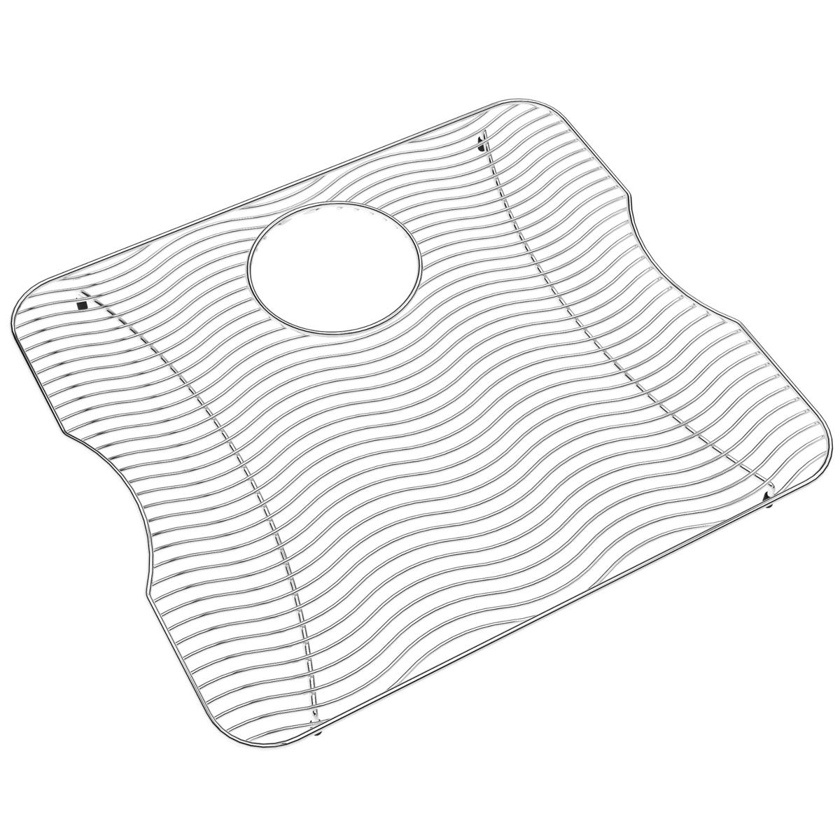 Stainless steel sink bottom grid with parallel wire lines and circular drain opening, curved edges with mounting points.
