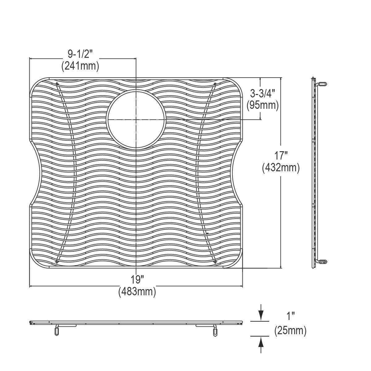 Stainless steel sink bottom grid with wavy pattern design and center drain hole, 19" x 17".