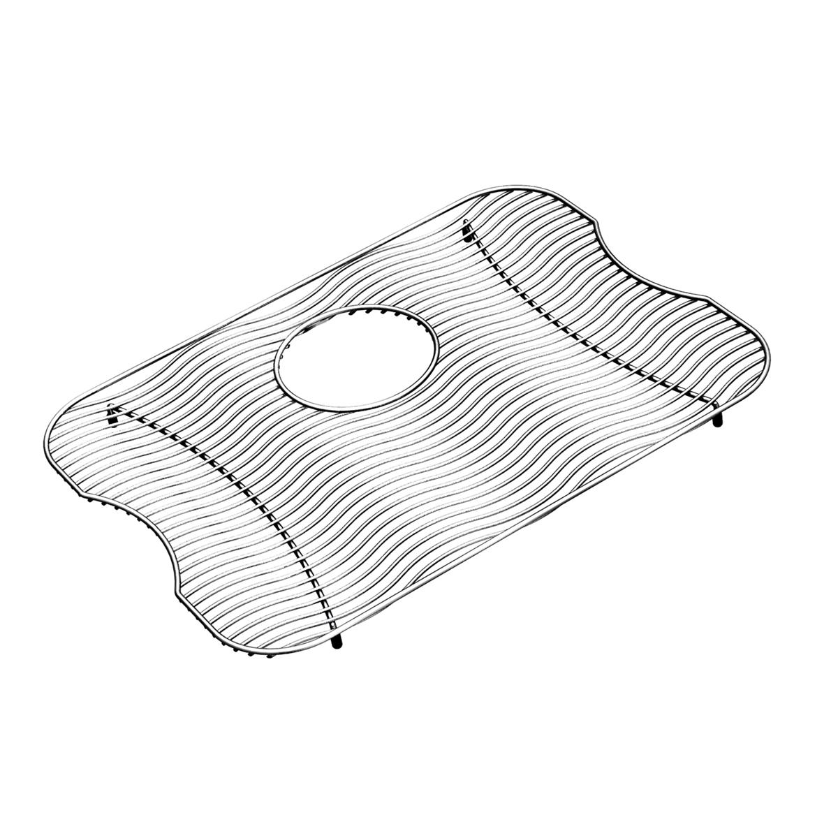 Stainless steel sink grid with parallel bars and oval drain hole opening, shown from above.