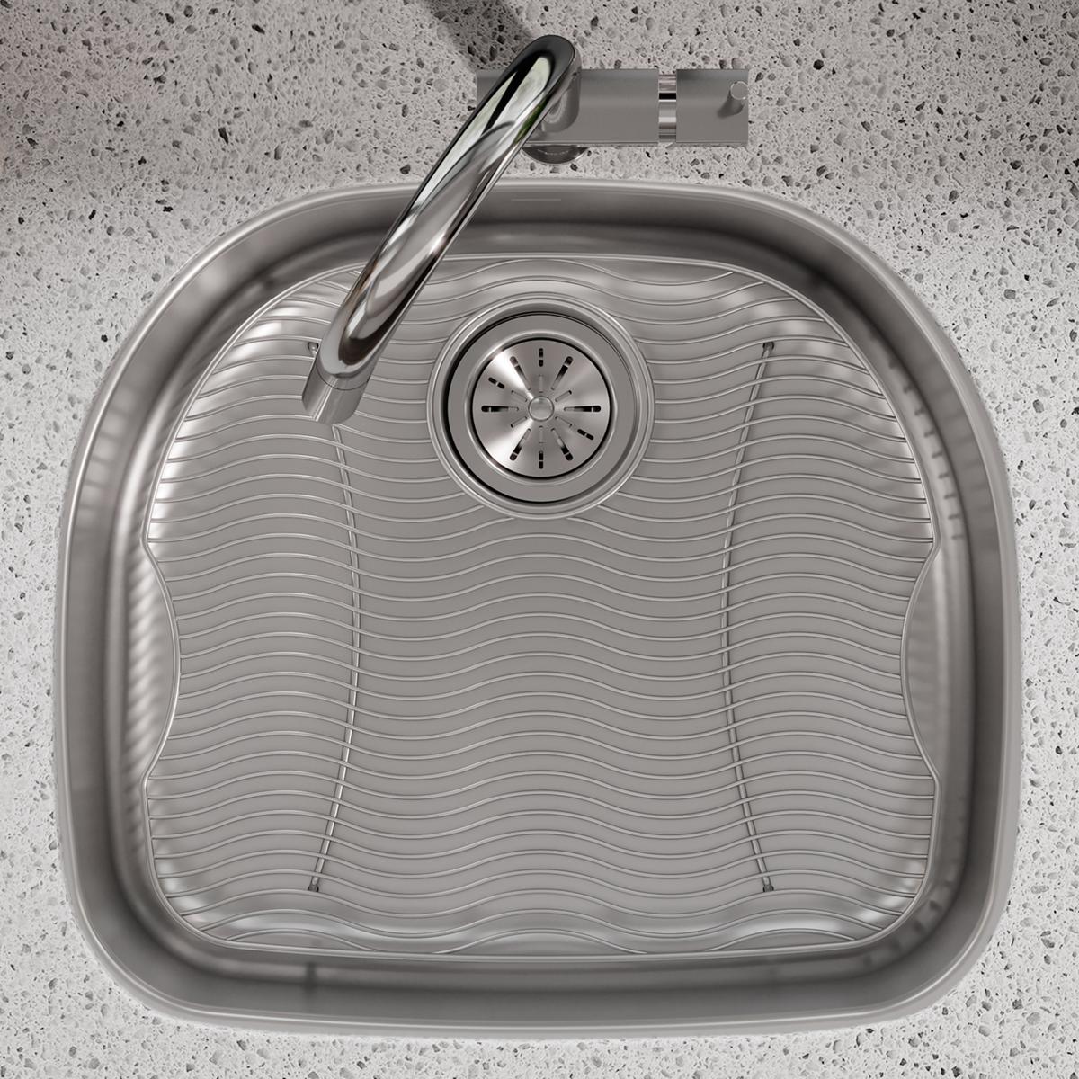 Stainless steel sink bottom grid with wavy pattern, center drain hole, and mounting clips.