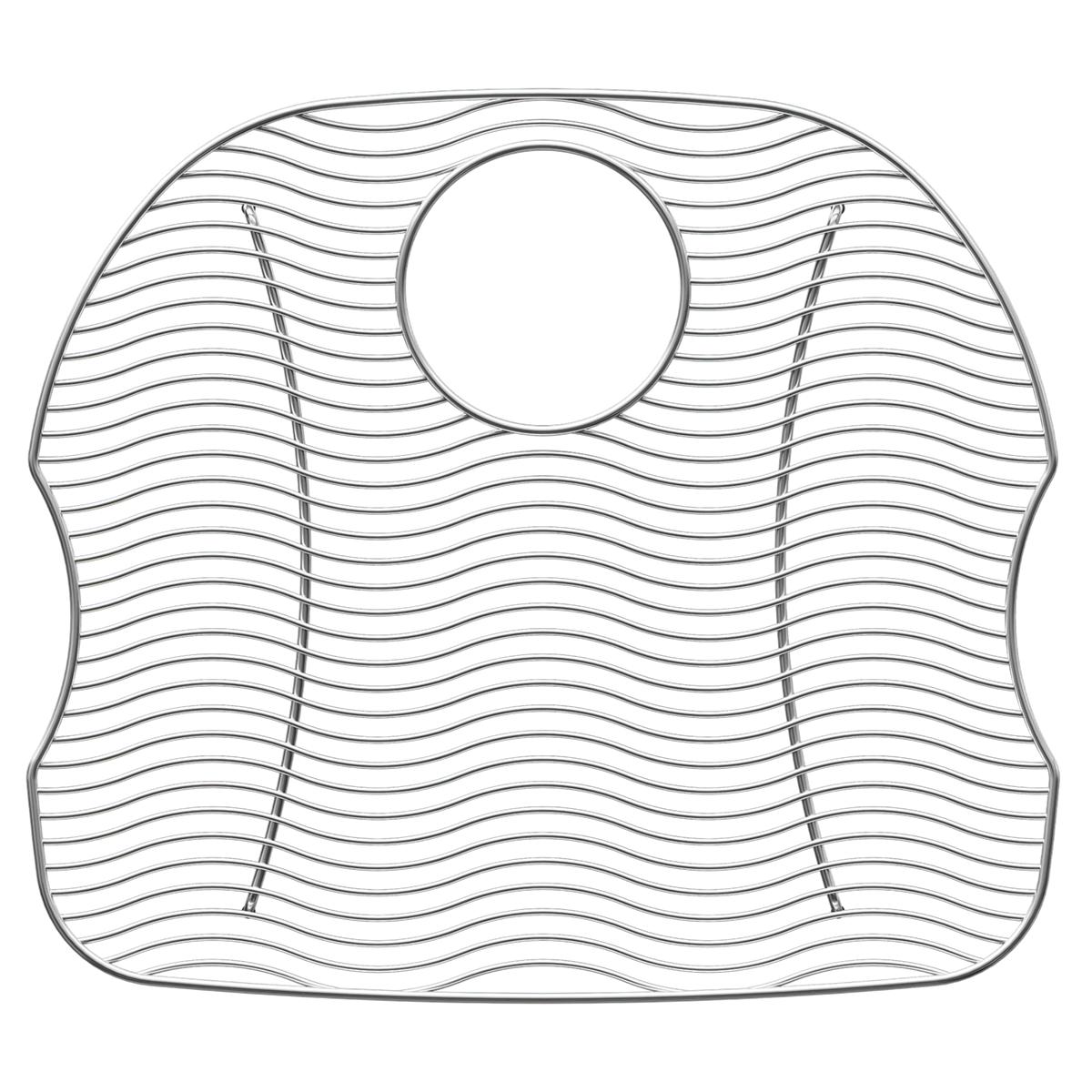 Stainless steel sink grid with wavy wire pattern and circular center cutout for faucet.
