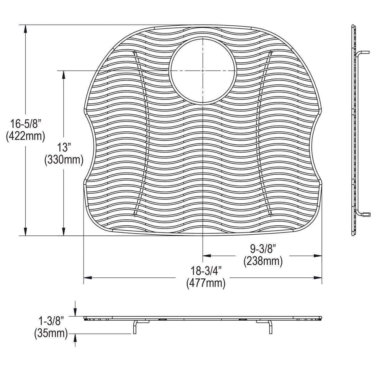 Stainless steel sink bottom grid with wavy surface pattern and center drain opening, shown in top and side views with dimensi