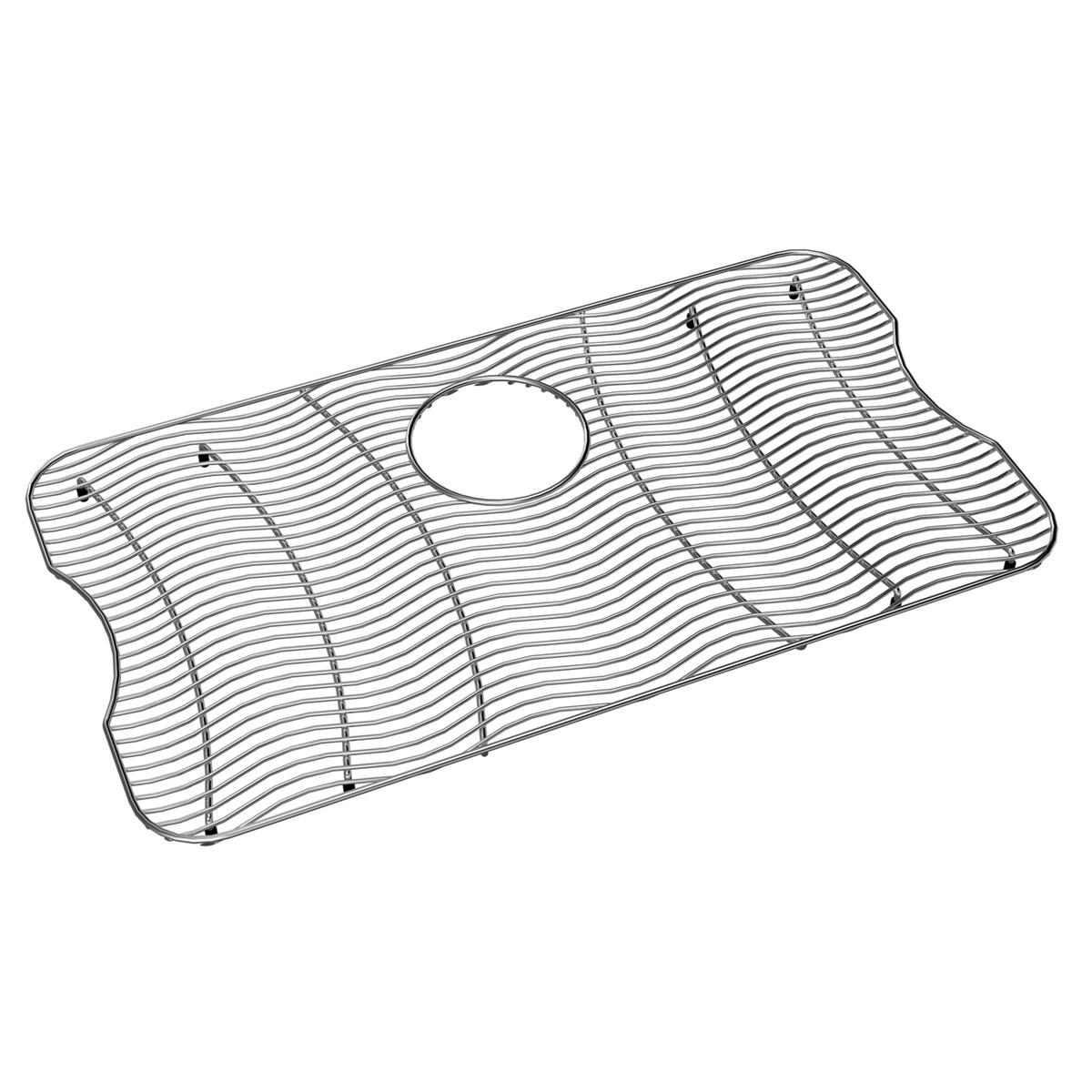Stainless steel sink grid with wavy contoured surface and center drain opening.