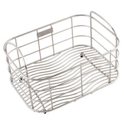 Stainless steel rinsing basket with curved bottom, grid pattern base, and side handles.