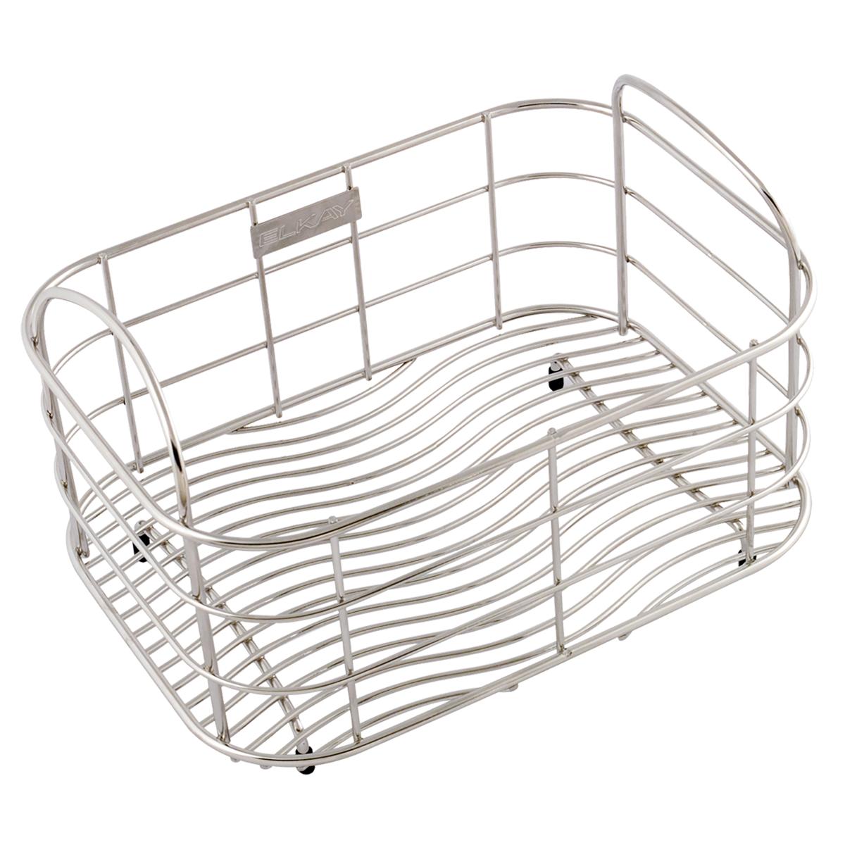 Stainless steel rinsing basket with curved bottom, grid pattern base, and side handles.