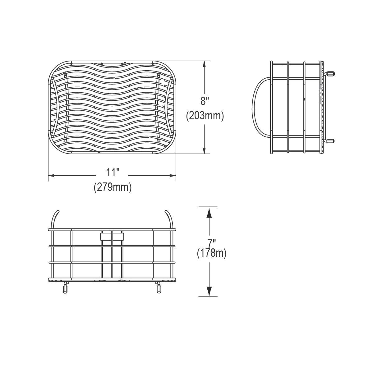 Stainless steel rinsing basket with grid pattern, curved sides, and handles shown from top, side, and front views with dimens