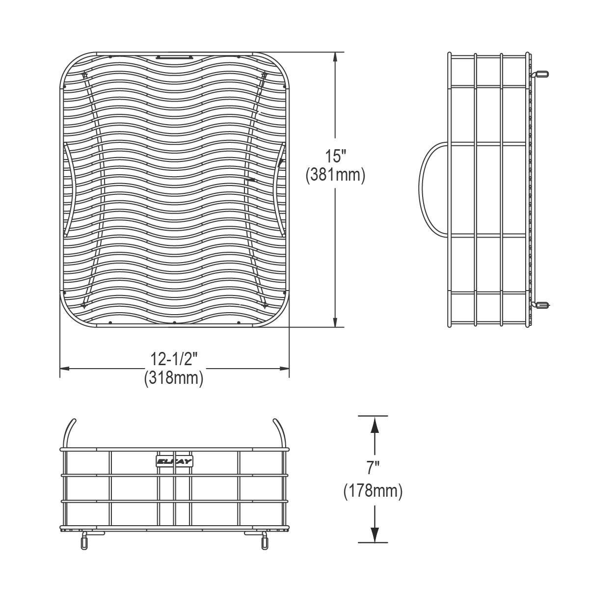 Stainless steel rinsing basket with wavy slat design, rectangular shape, and side handles, shown in top, side, and front view