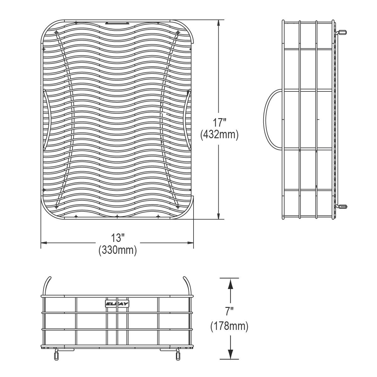Stainless steel rinsing basket with wavy bottom design, measuring 13" x 17" x 7", shown in top, side, and front views.