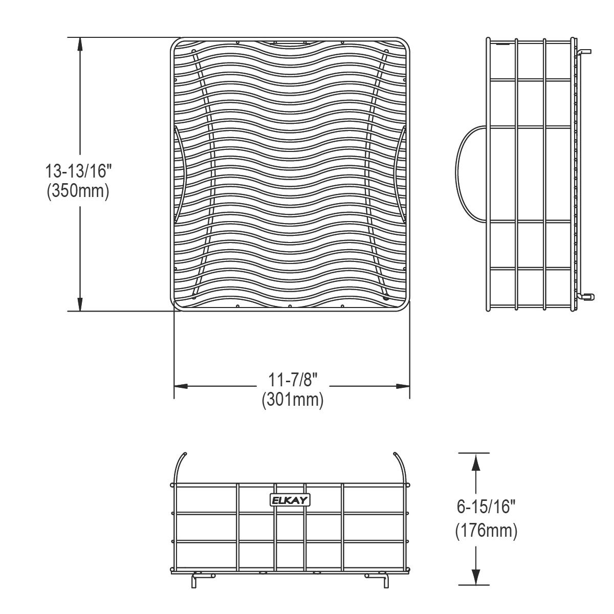 Stainless steel rinsing basket with wavy bottom design and grid pattern sides, shown in top, side, and front technical views.