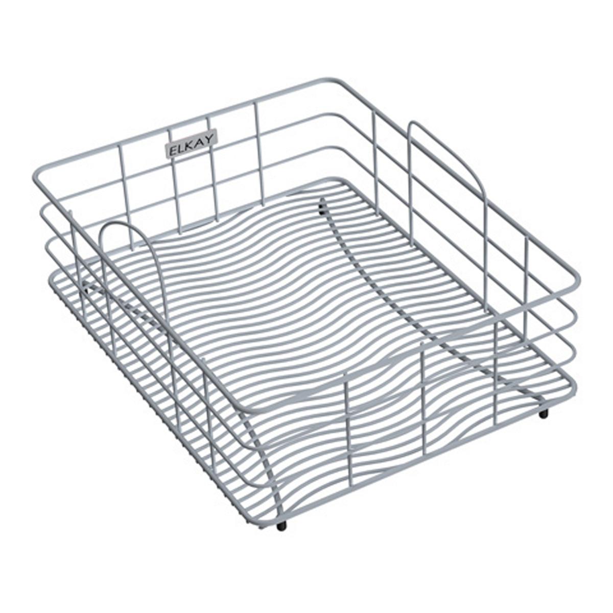 Stainless steel rinsing basket with slotted bottom, wire sides, and handles, featuring Elkay branding.