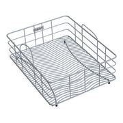 Stainless steel rinsing basket with slotted bottom, wire sides, and handles, featuring Elkay branding.