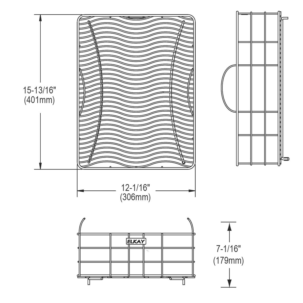 Stainless steel rinsing basket with wavy bottom and grid pattern sides, shown in front, side, and bottom views.