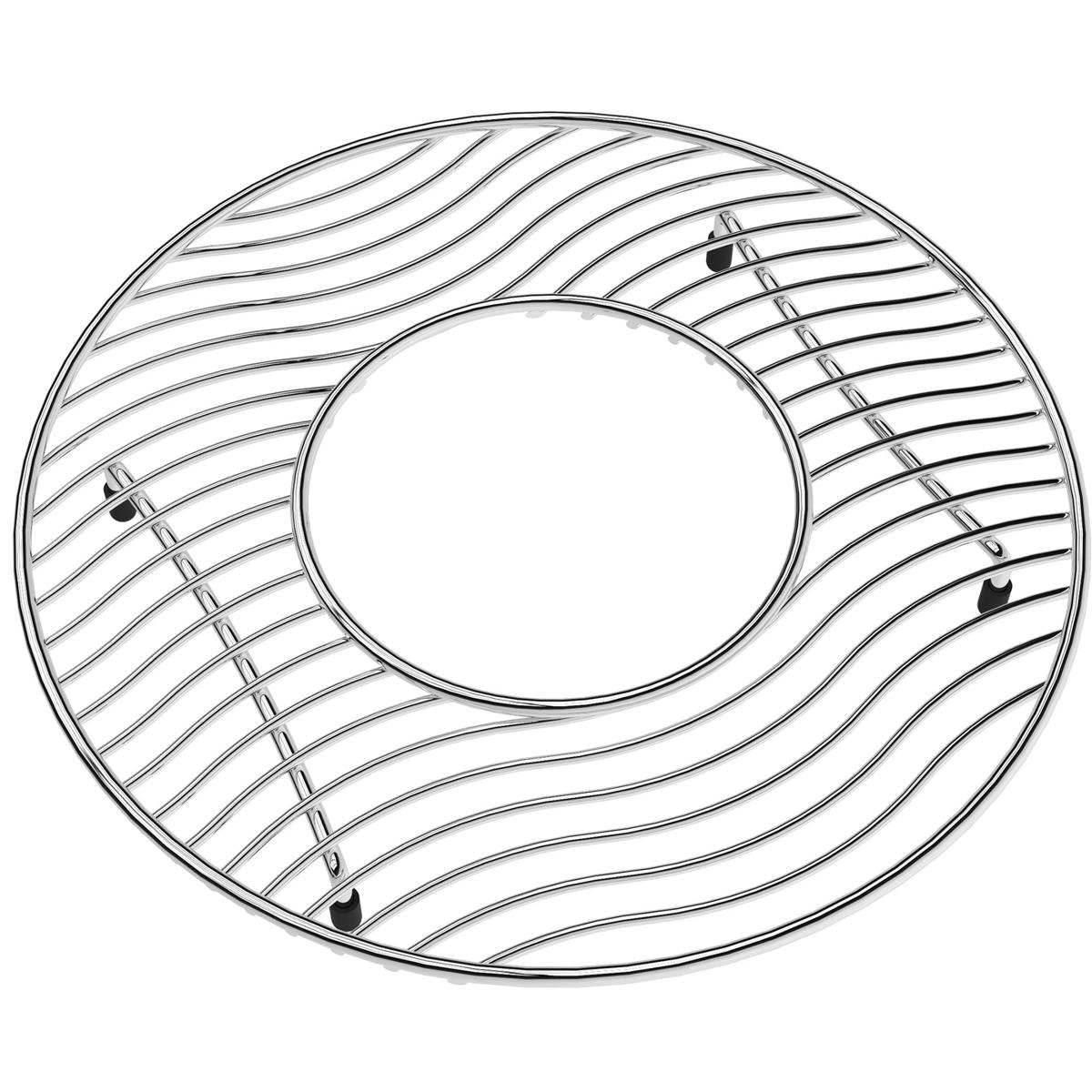 Stainless steel sink grid with curved wire design and center drain opening, featuring rubber feet.