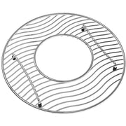 Stainless steel sink grid with curved wire design and center drain opening, featuring rubber feet.