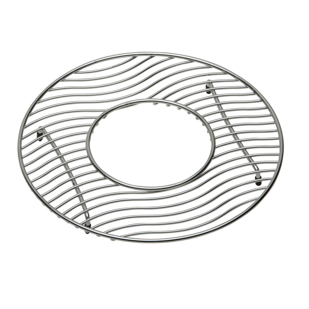 Stainless steel sink grid with wavy pattern design and circular center opening, featuring support feet.