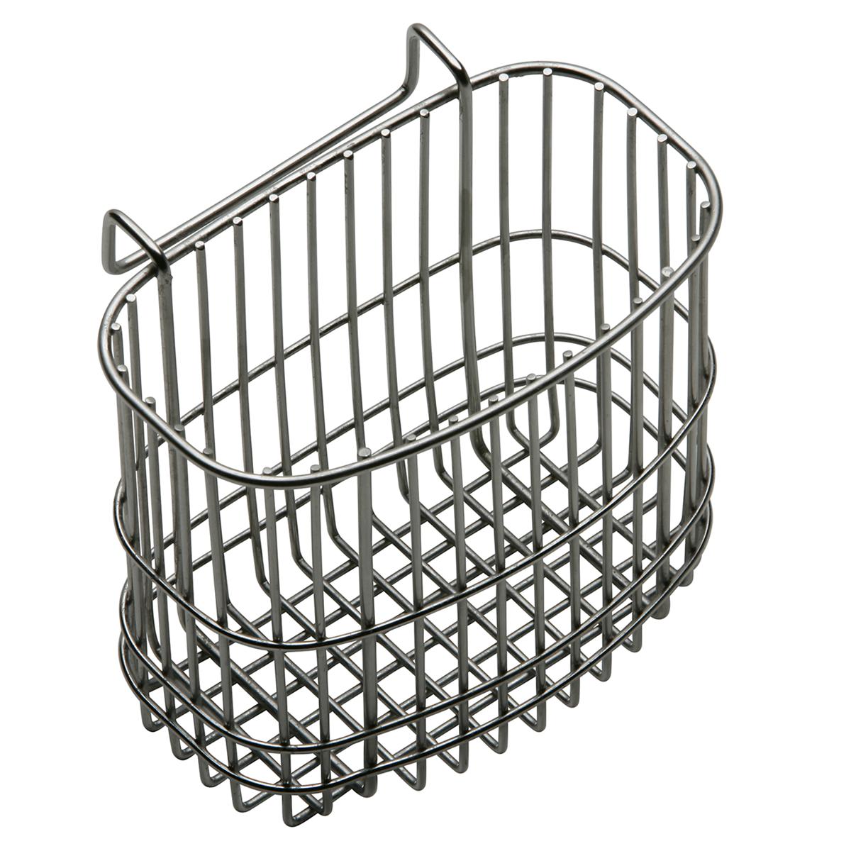 Stainless steel utensil caddy with vertical wire dividers and two side handles.