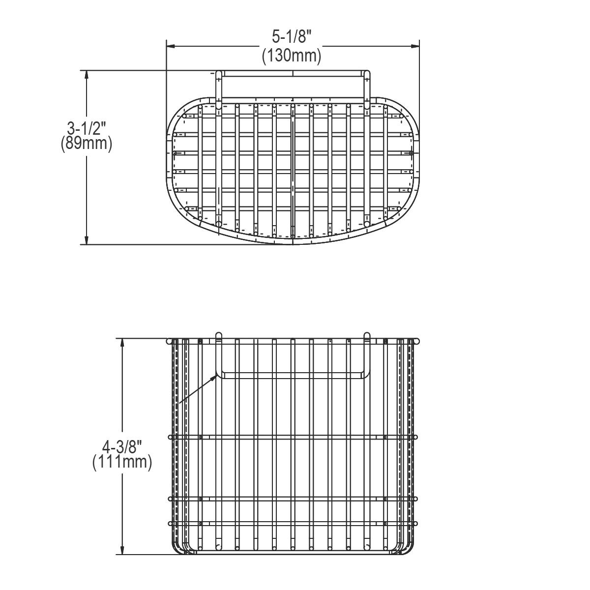 Stainless steel utensil caddy with grid dividers and handle, shown in top and side views with dimensions labeled.