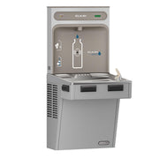 Light gray Elkay ezH2O bottle filling station with cooler compartment and dual push-button dispensers below.
