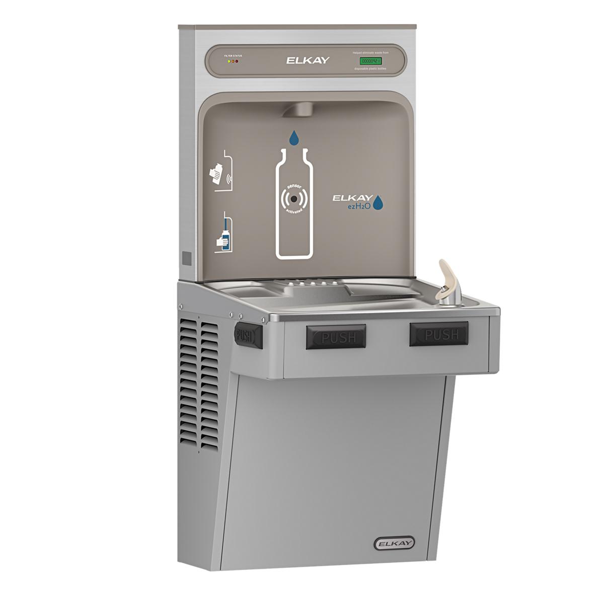 Light gray Elkay ezH2O bottle filling station with cooler compartment and dual push-button dispensers below.