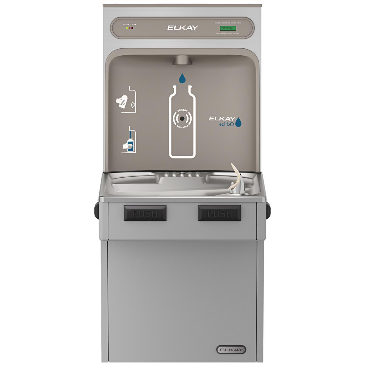 Light gray Elkay ezH2O bottle filling station with dual push-button dispensers and filtered water cooler.