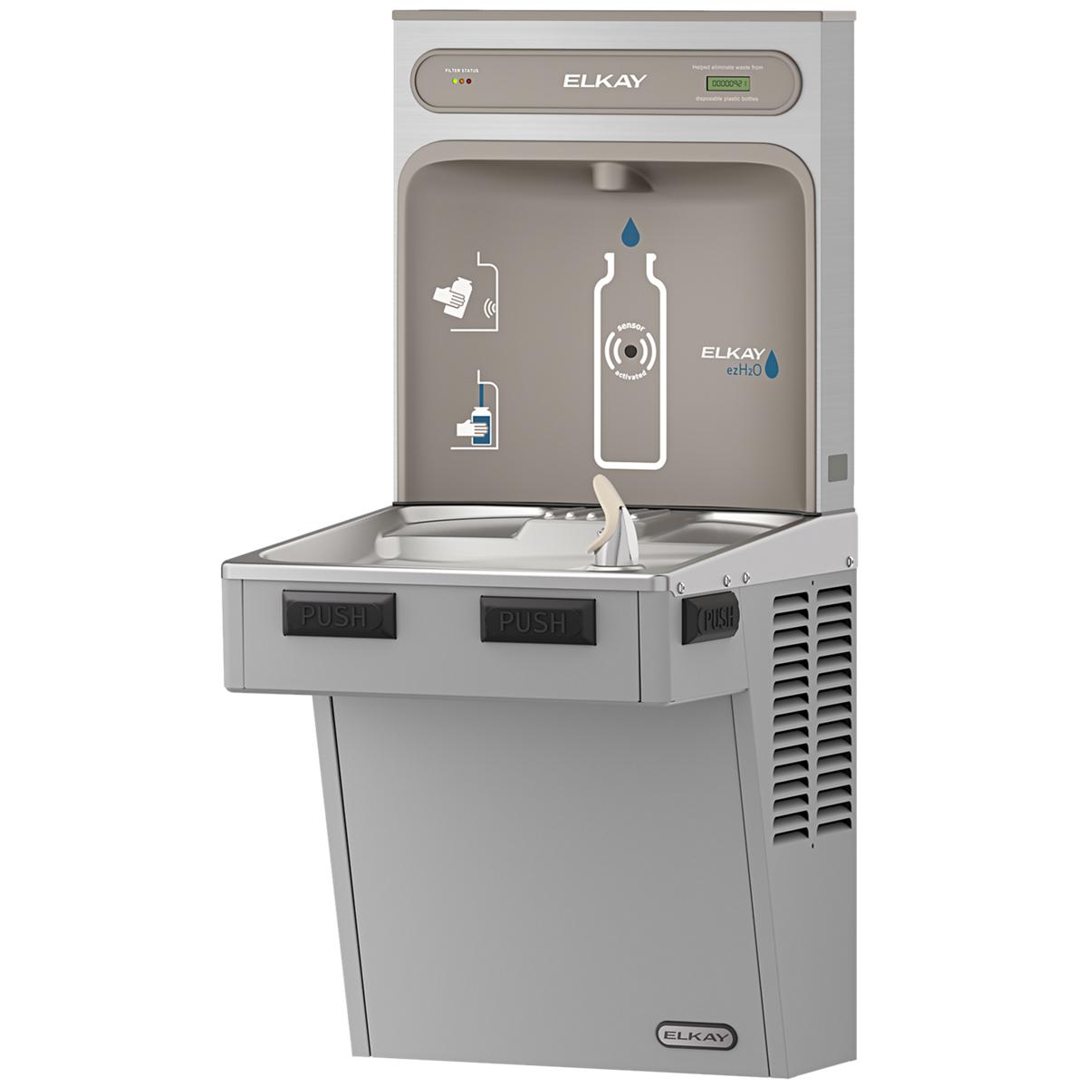 Light gray Elkay ezH2O bottle filling station with dual push-button activation, filtered refrigerated cooler, and built-in wa