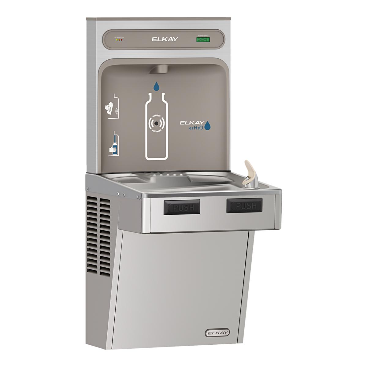 Stainless steel water filling station with dual push buttons, filtered refrigerated cooler, and bottle fill opening at top.