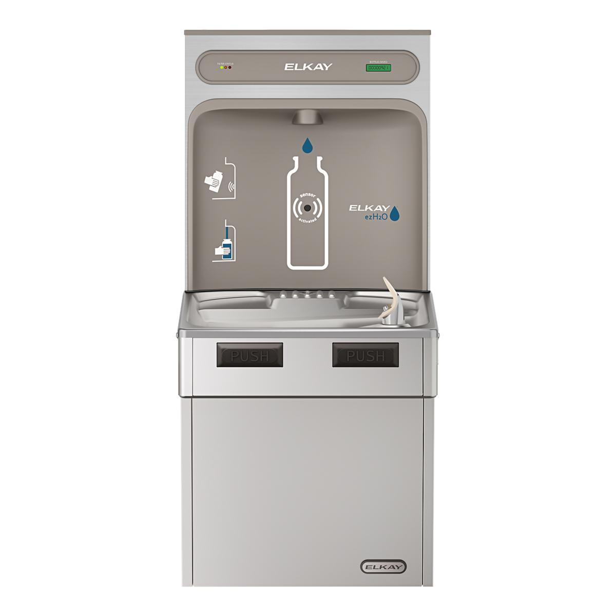 Stainless steel Elkay ezH2O bottle filling station with dual push-button dispensers and integrated cooler base.