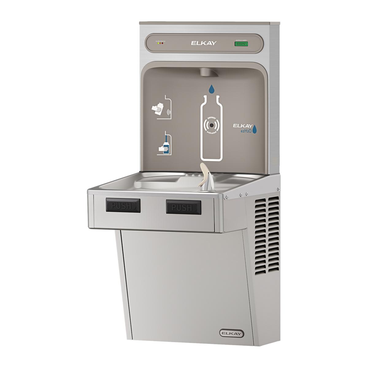 Elkay stainless steel bottle filling station with filtered water dispenser and two push-button controls.