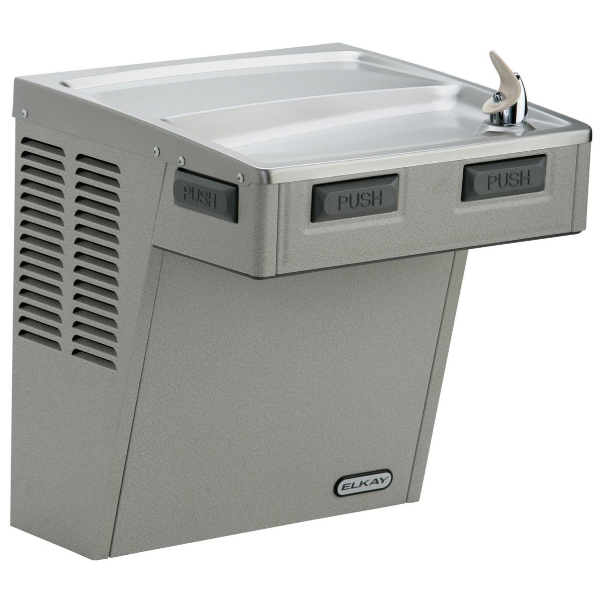 Light gray granite wall-mounted water cooler with dual push-button mechanical activation, integrated drinking fountain, and s
