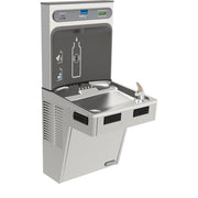 Elkay stainless steel bottle filling station with mechanical activation and integrated water cooler basin.