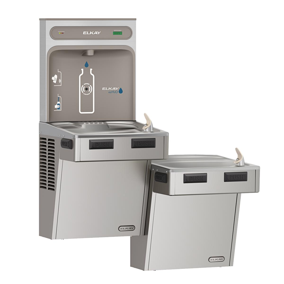 Stainless steel Elkay water bottle filling station with upper filtered dispenser and two lower drinking fountains with silver