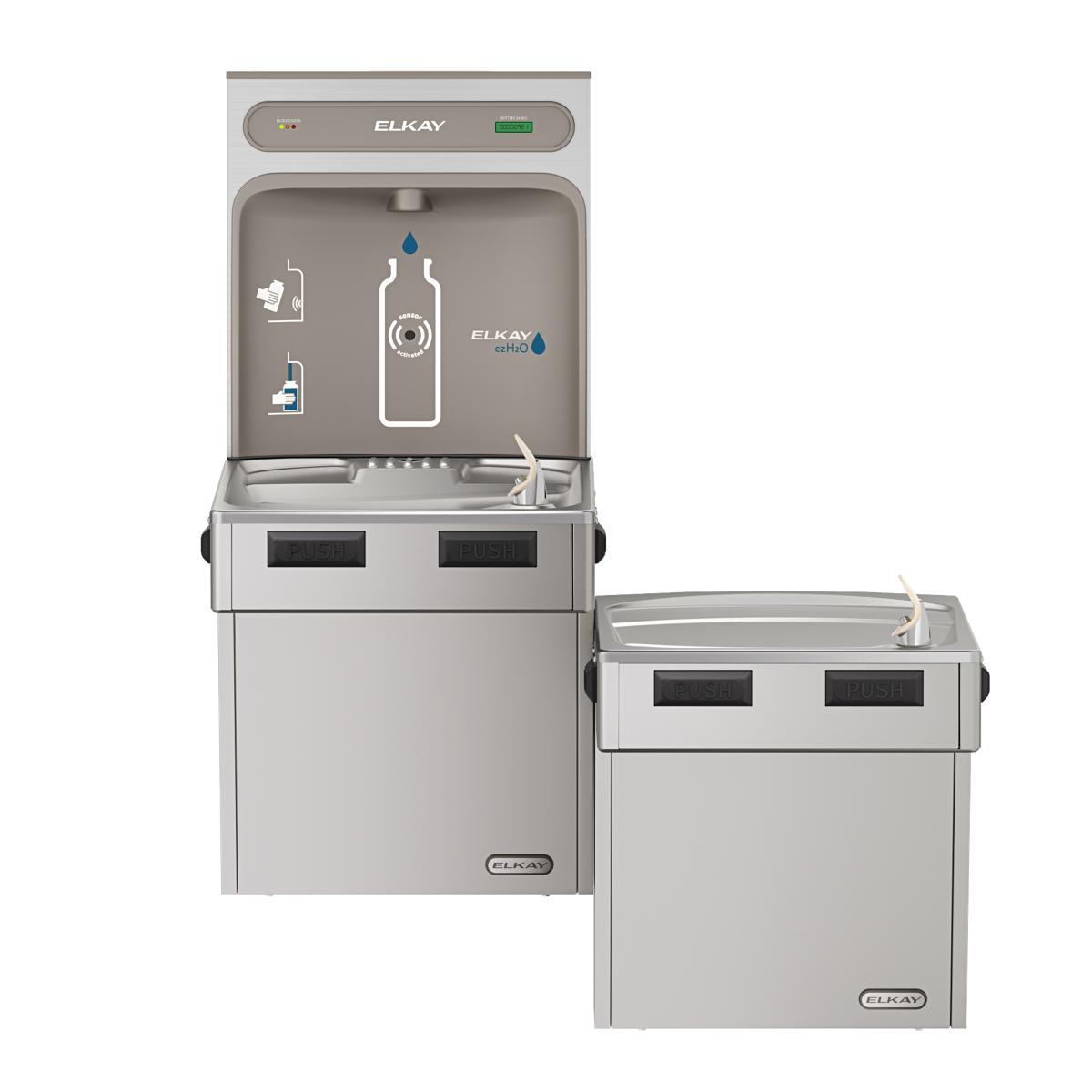 Stainless steel water bottle filling station with dual-level dispensers and push-button activation for filtered, refrigerated