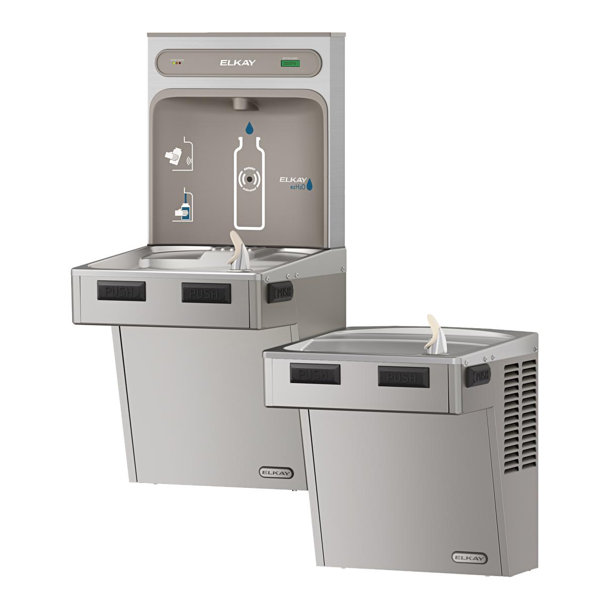 Stainless steel Elkay water filling station with dual-level dispensers, upper unit with bottle fill opening and lower unit wi