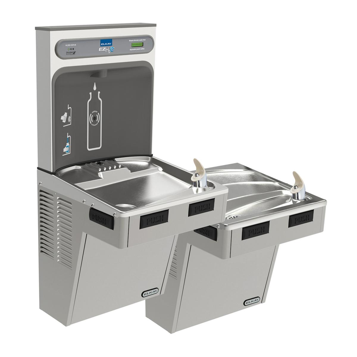 Light gray Elkay water filling station with dual bi-level basins, mechanical activation buttons, and filtered non-refrigerate