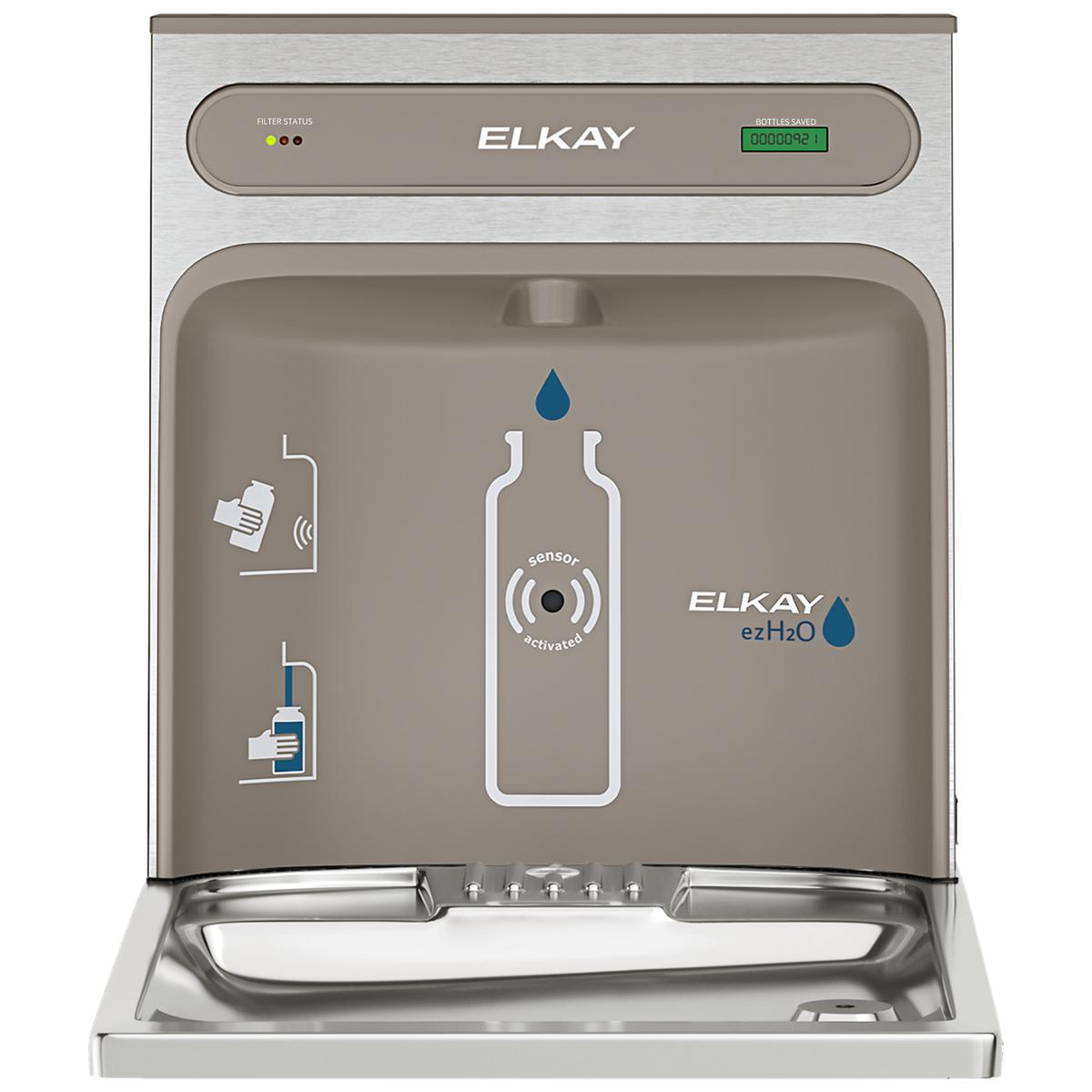 Elkay ezH2O non-refrigerated bottle filling station with stainless steel basin, sensor-activated dispenser, and digital filte