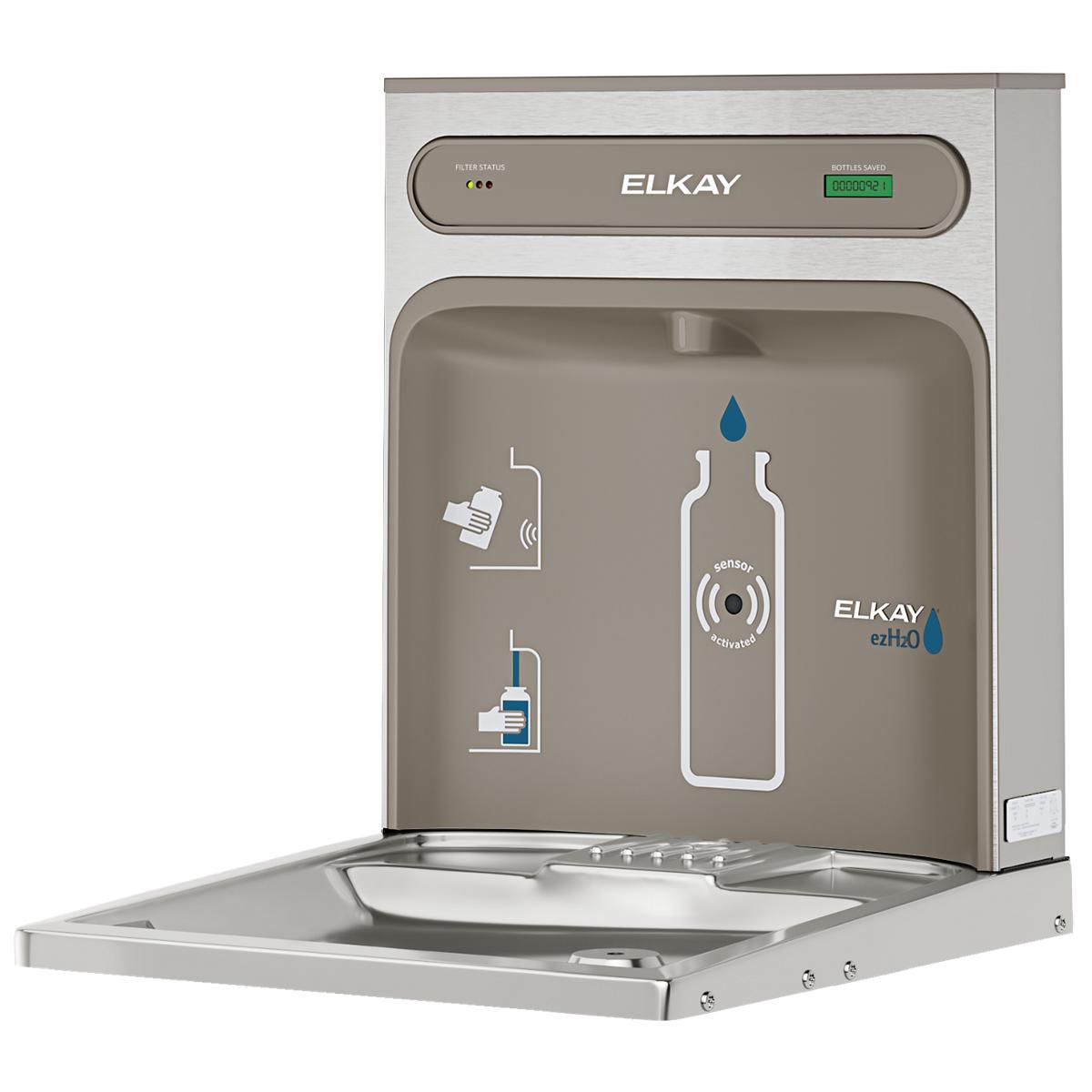 Elkay ezH2O stainless steel non-refrigerated bottle filling station with control panel and sensor activation.