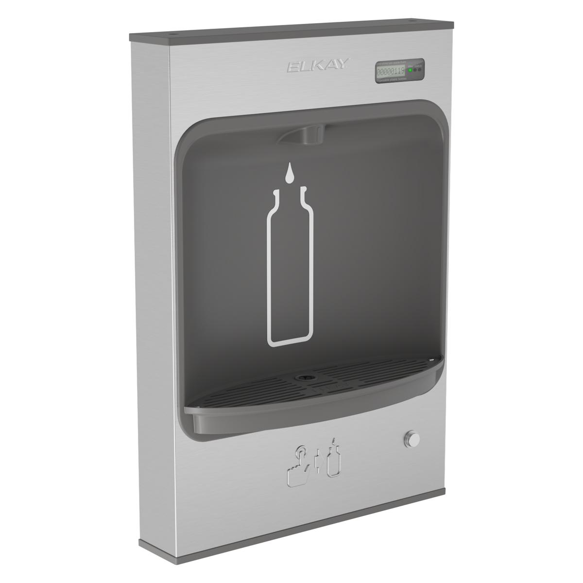 Elkay ezH2O stainless steel surface mount bottle filling station with dark interior basin and digital display panel.