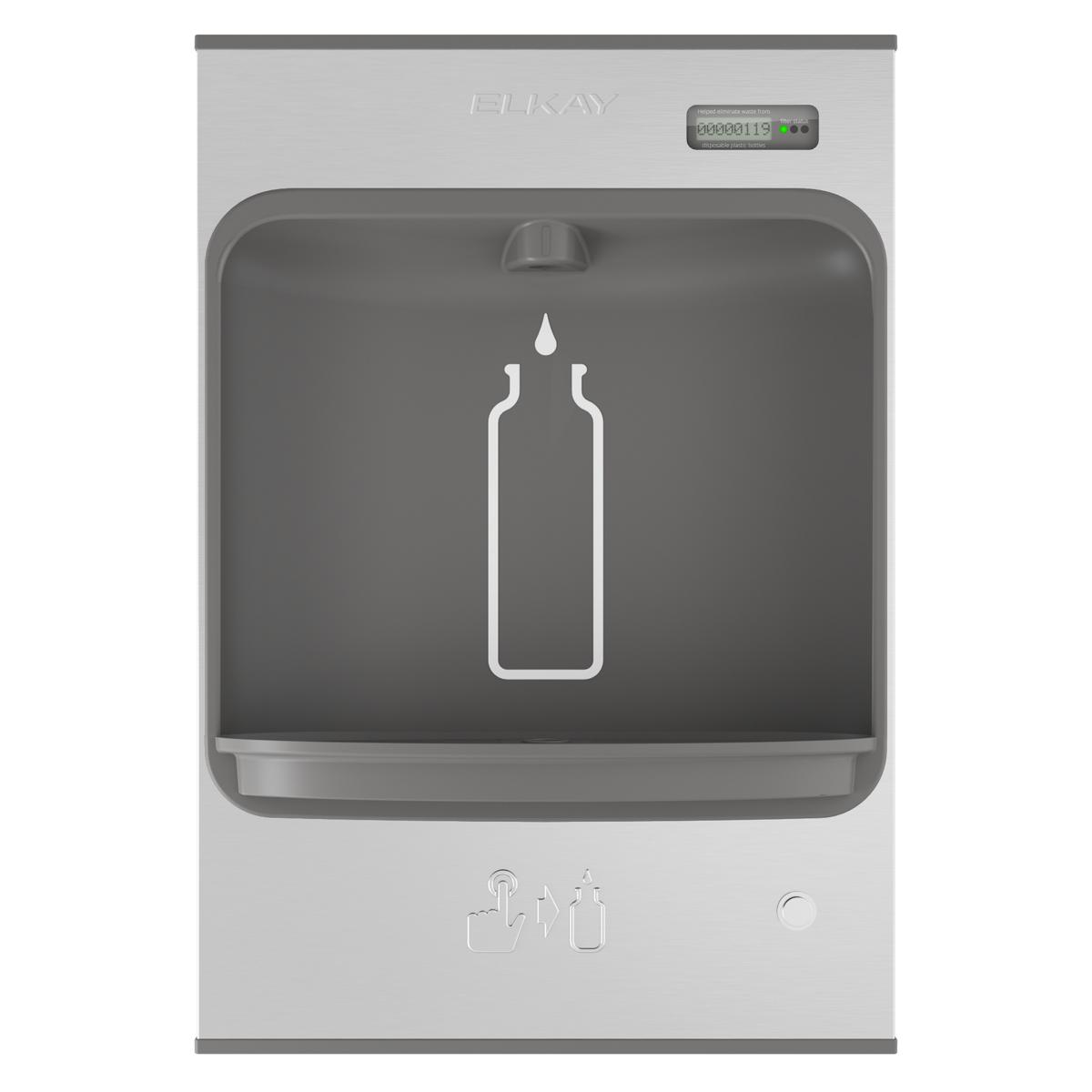 Elkay stainless steel bottle filling station with dark basin, bottle icon display, and digital counter on top.