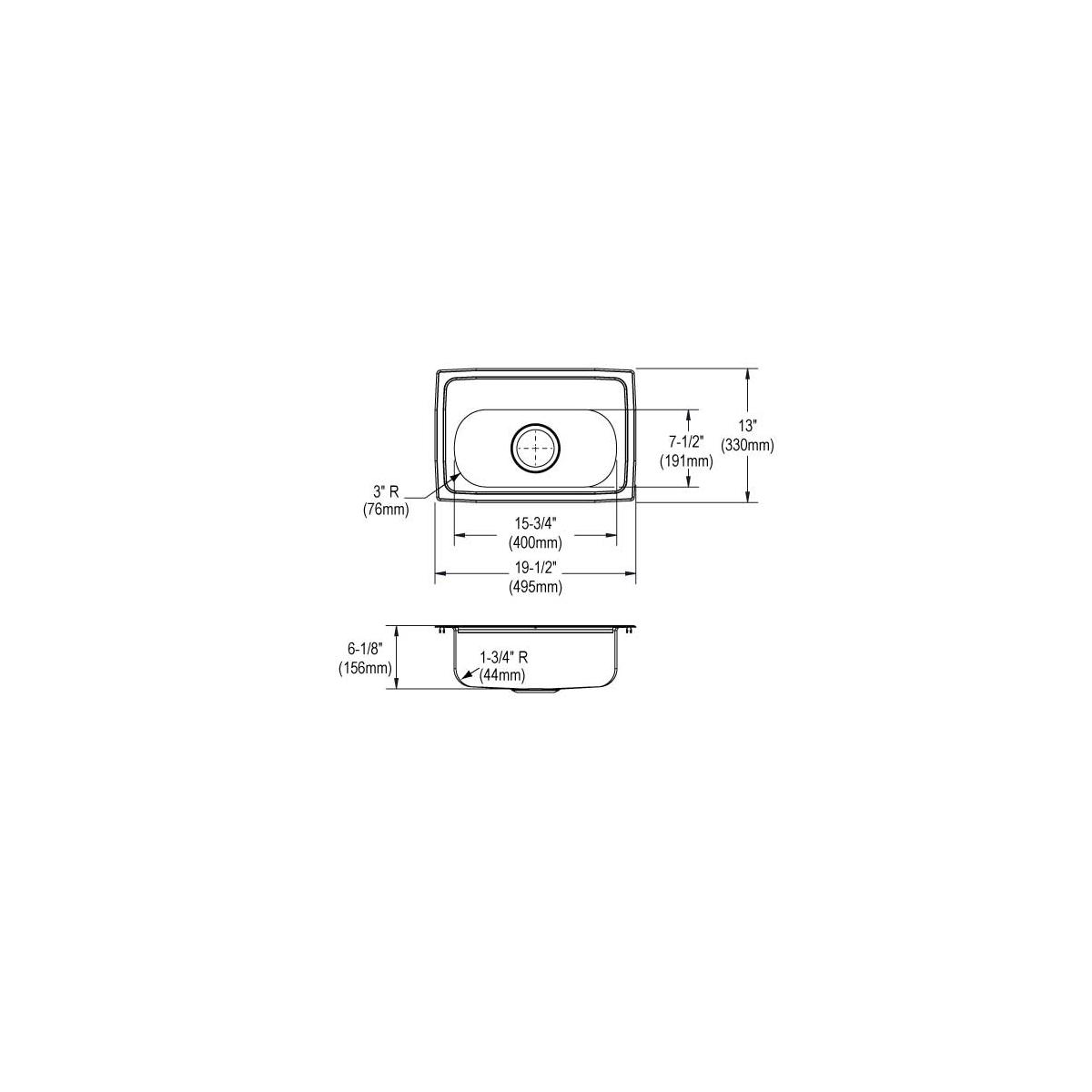 Stainless steel single bowl drop-in sink with two mounting holes and dimensions labeled: 19-1/2" width, 13" depth, 6-1/8" hei