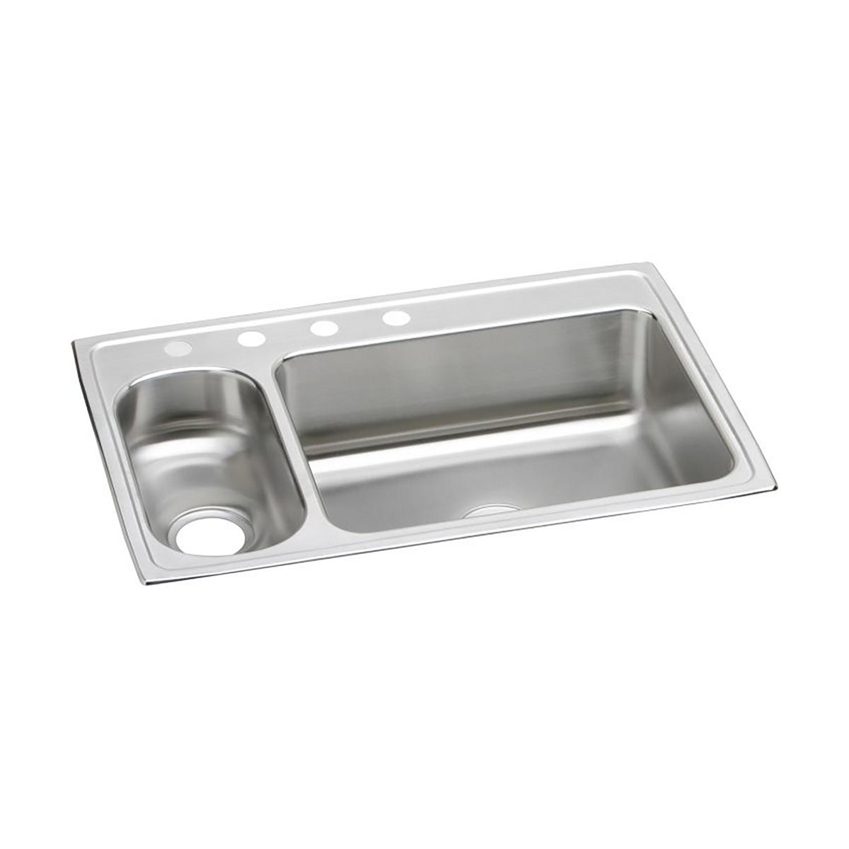 Stainless steel double bowl drop-in sink with smaller left basin and larger right basin, four faucet holes along top rim.