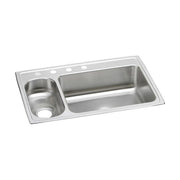 Stainless steel drop-in sink with one small bowl on left and one large bowl on right, featuring four faucet holes.