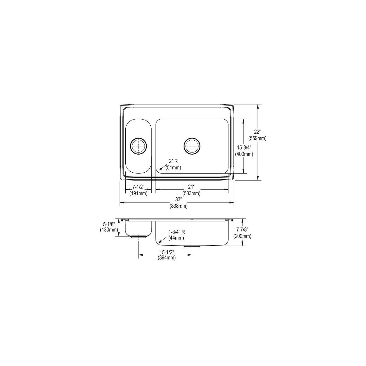 Top and side view technical drawings of a stainless steel double bowl drop-in sink with smaller left bowl and larger right bo